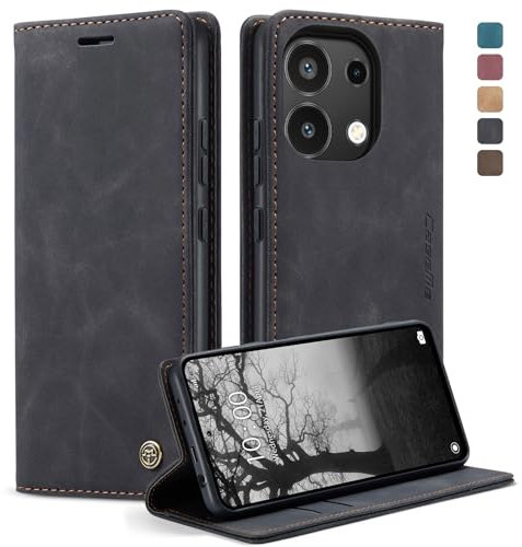 owlhold Handyhülle für Xiaomi Redmi Note 13 4G Hülle [Nicht für 5G], Premium Lederhülle Weiches Vintage-Nubukleder Faltbare Ständer Klapphülle Kartenfach Standfunktion stoßfest Schutzhülle -Schwarz