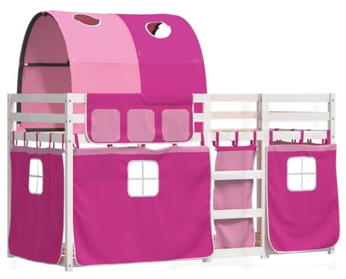 vidaXL Etagenbett, Kinderbett mit Vorhängen Leiter, Hochbett Spielbett für Kinder ab 6 Jahren, Doppel Stockbett Bett, Rosa 75x190cm Massivholz Kiefer