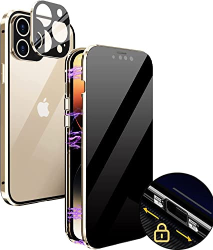 MIMGOAL Anti-Peep Case for iPhone 14 Pro Max Magnetic Cover,Privacy Tempered Glass Full Cover Built-in Camera Protector,360 Degree Front and Back Protection Metal Bumper Case, Gold