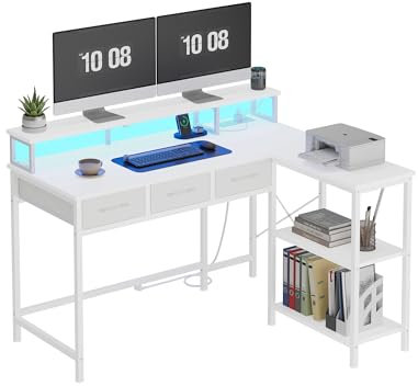 KIMENICH Computer Desk, Gaming Desk with LED, Power Socket, 3 Drawers, Office Desk with Monitor Stand, PC Desk, Adjustable Shelves, for Home, Office, 120 cm, White