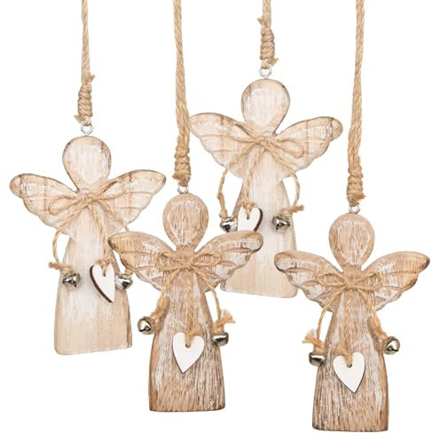 Logbuch-Verlag 4 Holz Engel zum Aufhängen Schutzengel Weihnachten Christbaumanhänger Natur braun mit Herz 10,5 cm