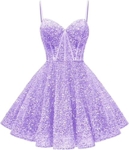 HPPEE Glitzernde Pailletten-Heimkehrkleider, kurzes Ballkleid, A-Linie, Korsett, Cocktail-Partykleid, Flieder, 42