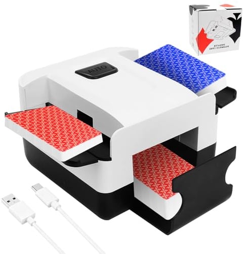 Automatic Card Shuffler, 1 to 2 Deck Electric Card Shuffling Machine | Rechargeable 2000mAh One Button Card Dealer for Poker Blackjack U-NO Skip Bo, Quiet Fast Card Mixer for Game Night