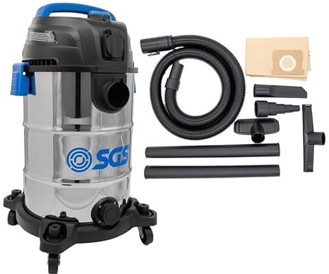 SGS 30L Stainless Steel Wet and Dry Vacuum with Power Tool Adapter – High Suction, Durable Design, Easy Manoeuvrability, for Workshop and Home Use