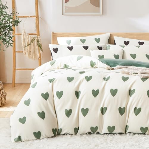 Covebett Flanelle Housse de Couette 200x200 Cœur Vert Blanc Amour Hiver Chaude Parure de lit Polaire Peluche Réversible Linge de Lit Adulte 2 Personnes Fermeture Éclair + 2 Taie d'oreiller 65x65cm