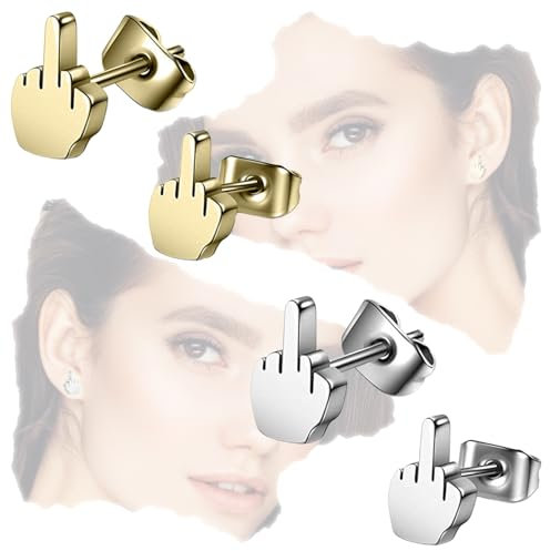 COYUN 2 Paare Edelstahl-Ohrstecker Mittelfinger Stretch-Ohrringe Silber Gold Punk Biker Damen Herren, Klein Mittelfinger Ohrstecker Herren Damen, Gestüt Ohrringe Edelstahl, Ohrschmuck, Rock Punk
