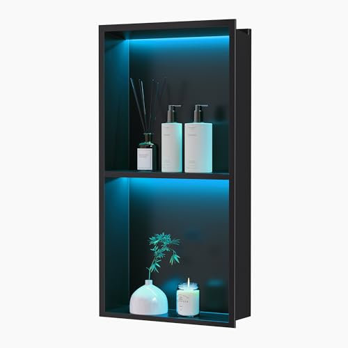 Neohomee Douche murale en acier inoxydable avec lumière LED RVB - Double cabine de douche noire avec télécommande - 20 modes d'éclairage IP68 - Rangement pour salle de bain - 60 x 30 cm