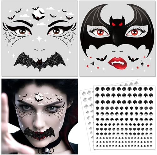 DPKOW Tatuajes de Caras de Murciélago con Gemas Faciales Adhesivas, Halloween Tatuajes Temporales Murciélago Accesorios para Disfraces de Halloween Maquillaje para Mujeres y Niños Tatuajes Falsos