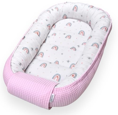 Pirinins Neugeborenen-Babynest, 100% Bio-Baumwolle, Bettverkleinerer, Tragbare weiche und atmungsaktive Babywiege, Ideal für Reisen, Made in Spain (Regenbogen)
