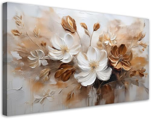 Feeby Leinwand Bilder - Bild Wohnzimmer - Weißbraun bemalte Wildblumen - 120x60 1tlg - Deko Schlafzimmer Groß - Dekoration Canvas - Gemälde - Modern Wandbilder - Kunstdruck