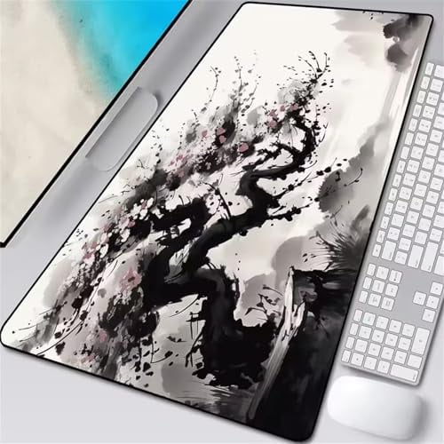 Mauspad XXL Japan Tintenlandschaft Großes Mousepad 900x400x3 mm Gaming Mouse Pad Improved Precision and Speed Gaming Tastatur Matte mit Vernähten Kanten für Gamer, Büro, Zuhause