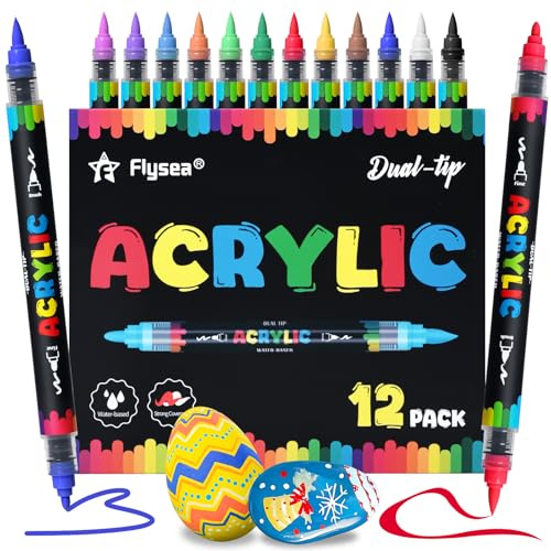 Reaeonat Acrylic Paint Pens, 12 Assorted Colour Dual Tip Brush Fine Point Liquid Ink Acrylic Colouring Pen Set for Art, Wood, Rock Painting, Plastic, Ceramic, Glass and Fabric DIY Drawing