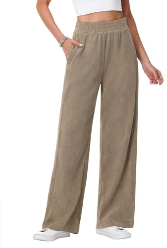 HMIYA Cordhose Damen Weites Bein Elegant Freizeithose Baumwolle Elastische Stoffhose Hohe Taille Palazzohose mit Taschen,Beige,3XL