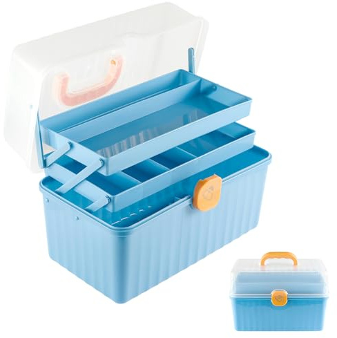 CROWNSHOP 12in 3 Layer Multipurpose Storage Organizer with Dividers Plastic Tool Box Sewing Box with 2 Trays Tool & Medicine Organizer Hair Accessories Case（Blue）