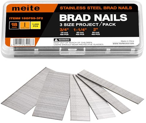 meite Clous de Finition Brad en Acier Inoxydable 304, Lot Assorti de 1 200 Pièces en 3 Tailles (19 mm, 32 mm, 50 mm), Clou pour Cloueuse 18G, Pour Menuiserie et Travaux de Finition