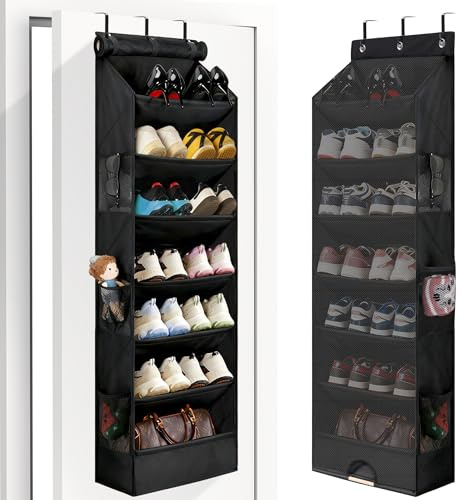 Erogeen 7 Tier Over the Door Shoe Organizer, Hanging Shoe Rack for Closet with Dustproof Mesh Curtain & 6 Side Pockets, Behind the Door Narrow Shoe Holder Hanger for Sneakers, Boots (Black)