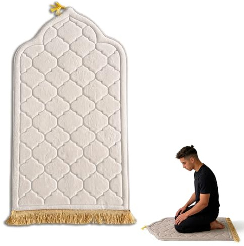 Zinueen Gepolsterter Gebetsteppich Seccade - Türkischer Stil, Weicher & Dicker Prayer Mat für Ramadan, Umrah Geschenk, Tespih Islam, Gebetsteppich to Go, Namazlik (65x110cm) (Cremefarben)