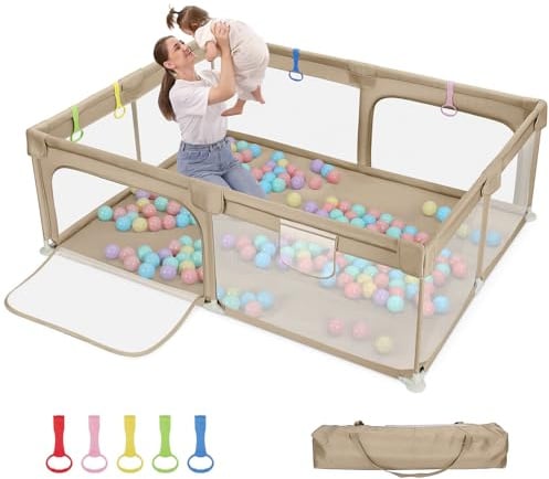 Dripex Laufstall Baby, Laufgitter 150×180cm, atmungsaktiv, Kaffeebraun | BPA-frei, stabiler Metallrahmen mit Baumwolle, atmungsaktives Mesh, 210D Oxford, 5 Tragegriffe, für Babys&Kleinkinder, Großer