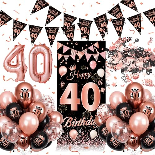 40. Geburtstag Deko Mädchen Rosegold Frau, Deko 40. Geburtstag | Langem Banner 40, Happy Birthday Dekorationen Banner, 40 Luftballons – Geburtstagsdeko für 40. Geburtstagsparty Mehrweg