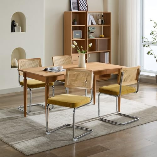 Bladez 4er Set Freischwinger Esszimmerstühle Samt & Rattan – Wiener Geflecht Küchenstühle, Polsterstuhl mit Chromgestell, Mid-Century Cantilever Stühle ，für Esszimmer Wohnzimmer (Golden)