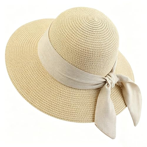 TIHNY Packbarer Strohhut für Damen, Faltbarer Sonnenhut mit Breiter Krempe, UPF 50+ Sonnenschutz, Strandhut mit Schleifendekoration und Kinnriemen