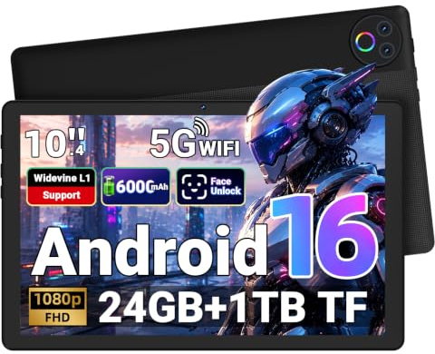 Gleeso Tablet｜Android 16 Tablet 10 Inch｜24GB RAM 1TB TF Android Tablets with 6000mAh｜Face Unlock｜Widevine L1｜BT 5.4/5G WiFi｜8MP Dual Camera, OTG Tablet PC - Black
