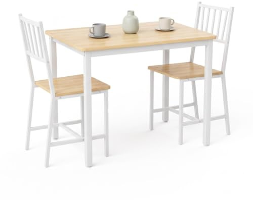 FurnitureR Juego de comedor para 2 personas, color blanco, aspecto de madera, mesa de comedor con 2 sillas