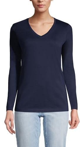 Lands' End Women's Relaxed American-Grown Supima Cotton Long Sleeve V-Neck T-Shirt, Radiant Navy, XS Petite