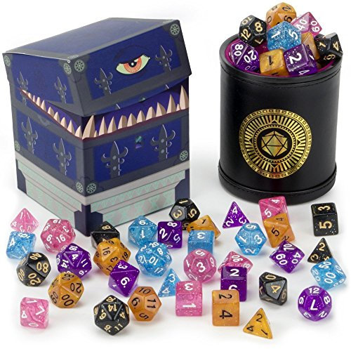 Wiz Dice Cup of Wonder – 35 polyedrische DND-Würfel- und Würfelstreuer und Box zur Aufbewahrung (5 Set mit 7 einzigartigen Farben), polyedrische Rollenspielwürfel in einzigartigen Farben, DND-Zubehör