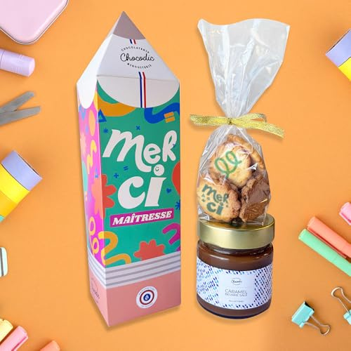 Coffret gourmand caramel et galettes au beurre personnalisées Chocolat Merci Maîtresse ou Maître ou Atsem (Version Merci Maitresse)