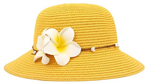 Surkat Strohhut mit großer Krempe, Strandmode, Sonnenhut mit Blumenmuster - Gelb - Einheitsgröße