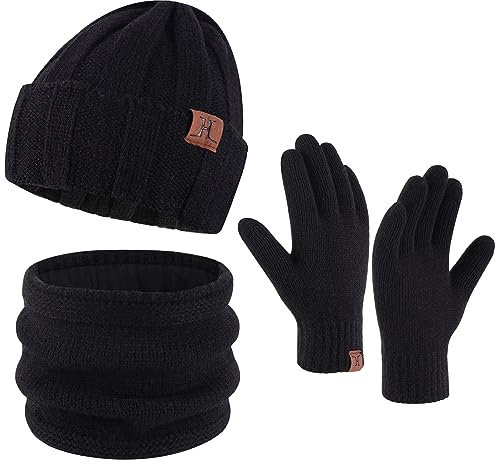 Bequemer Laden Herren Winter Warm Mütze Loop Schal und Touchscreen Handschuhe Set mit Fleece Gefütterte Thermo Wintermütze Strickmütze Schlauchschal Winterhandschuhe Geschenk für Männer, A Schwarz