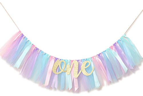 WAOUH Baby Mädchen Banner für den 1. Geburtstag - Hochstuhl Banner für den ersten Geburtstag Dekoration, Cake Smash Foto Requisite, Tüll Girlande Banner (Light Aqua und Light Blue)