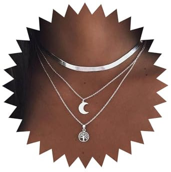 TseenYi – Collier multi-rangs avec pendentif arbre de vie et de lune et chaîne à maille serpent, style bohème, pour femmes et filles, argent