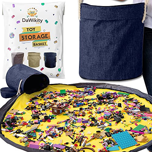 Toy Storage Basket and Play Mat - Building Bricks Toy Storage Organizer - Tidy with Ease - Toy Blocks Mat Storage Bag - Collapsible XL Kids Canvas Bag/Bin - Drawstring Playmat Boy/Girls-15x14”(NAVY)