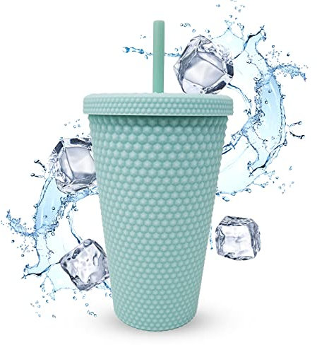 Nadia's Little Treasures Studded Tumbler Straw Lid - Plastic Double Walled Cold Cup for iced Coffee, Water, Slush or Smoothies, Your Home Cinema Cup (Matte Mint 16OZ/ 450ml)