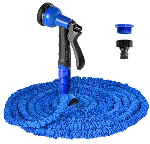 VENQI Erweiterbarer Gartenschlauch 45m, 150ft flexibler Schlauch mit 8-Muster-Sprühdüse, auslaufsicherer, einziehbarer robuster Wasserschlauch mit 1,9 cm, 1,27 cm Armaturen (45 m, blau)