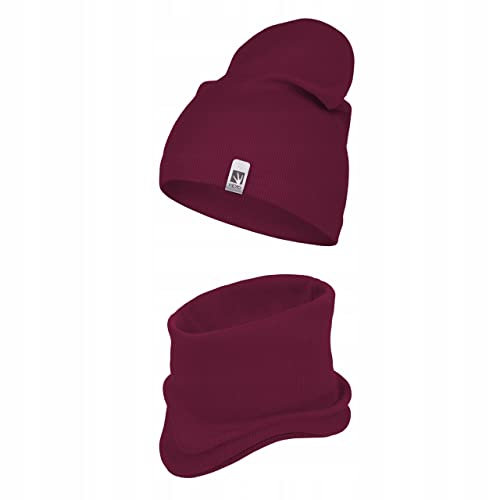 HEYO Kinder Beanie Mütze Schlauchschal Set für Mädchen Jungen Frühling Strickmütze Schal (Weinrot)