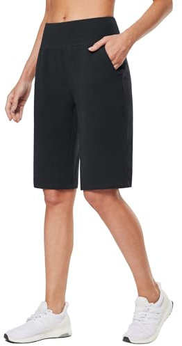 baleaf Women's Bermuda Shorts Long Knee Length Cotton Shorts High Waisted Tummy Control Casual Work Lounge Black M