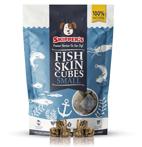 SKIPPER'S Fish Skin Jerky Cubes - Gently Air Dried Dog Treats, Healthy & Natural Treat for Dogs, Hypoallergenic Grain Free, High in Protein & Low Fat | Great for Teeth (Cube Size Small, 70g Pack)