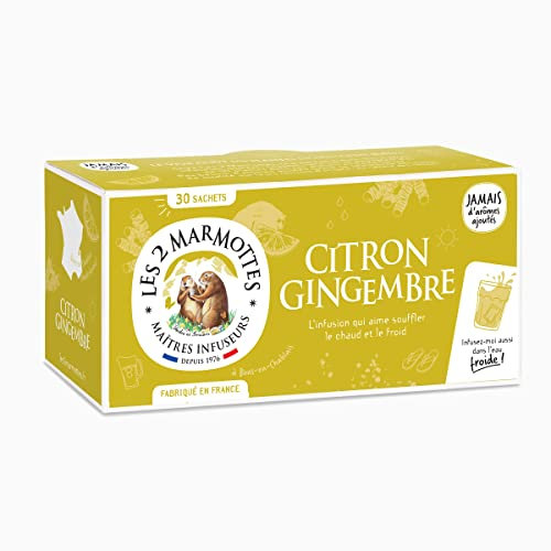 Les 2 Marmottes - Infusion Citron Gingembre 30 sachets - fruitée et gourmande - A Consommer Chaud ou Froid - Made In France - Sans arômes ajoutés - 50g, 1 Unité (Lot de 1)