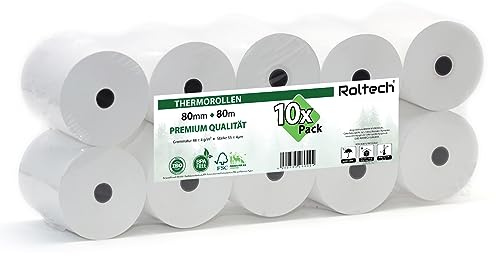 ROLTECH | 10 Thermorollen | 80mm x 80m x 12mm | BPA frei | EC Cash | Kassenrollen | Thermopapier | Bonrollen | Premium Qualität (10 Rollen)