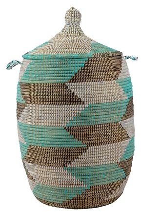 YAADU Wäschekorb mit Deckel 100L – Großer Wäschesammler mit Deckel, Geflochtene Wäschetonne, Boho Wäschekorb mit Henkeln, Wäschebehälter für Schmutzwäsche, Modell Meroe (Türkis-Traditionell)
