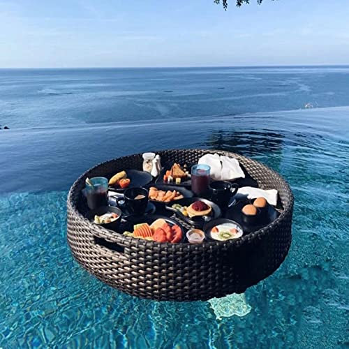 Rattan Gewebtes Serviertablett, schwimmendes tablett für Pool Rattan, Schwimmender Getränke und Snackhalter, Aufbewahrungskorb für Frühstück, Getränke, Snacks, Obst,Black-60CM