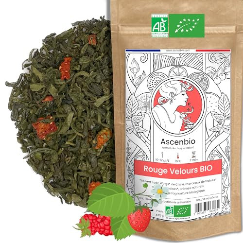 Ascenbio ✿ Thé Vert Rouge velours BIO ✿ Jade Wings Fraise Framboise ✿ 180g vrac ✿ Préparé et conditionné en France ✿ Emballage biodégradable