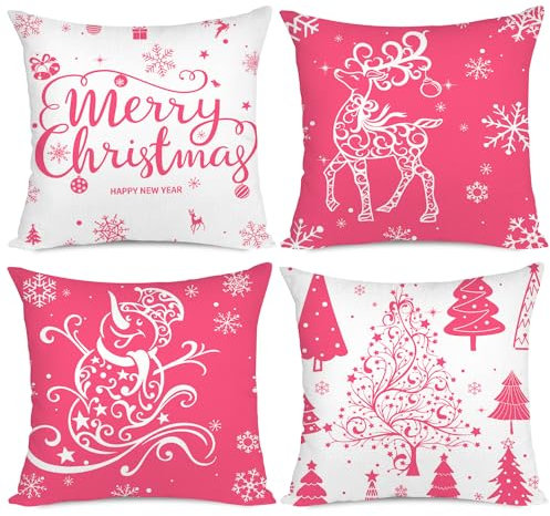 Miaikoe Weihnachtskissenbezüge 45x45 Set von 4 Weihnachtsdekoration Bäume Hirsch Schneemann Frohe Weihnachten Dekorative Urlaub Bauernhaus Kissenbezüge für Urlaub Weihnachtsdekoration (Rosa)