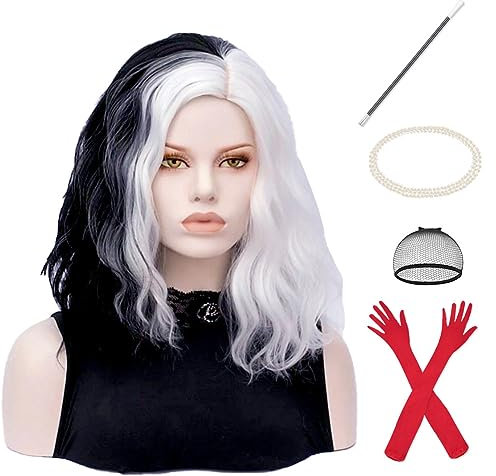 Aomig Schwarz und Weiß Perücke, Gewellte Schwarz Weiß Perücke Damen, Halb Synthetik Perücke Schwarz Weiß mit Zubehör von Rote Handschuhe, Plastikhalter, Kropfband Nackenkette für Halloween Cosplay