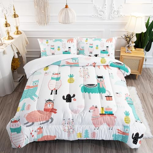 AILONEN Lama-Bettwäsche-Set für Doppelbett, Alpaka-Kaktus-Druck, Kinderbett in einer Tasche, Cartoon-Lama-Steppdecken-Sets, schönes tropisches Tiermuster, Bettbezug-Set, 3-teilig, 1 Steppdecke und 2
