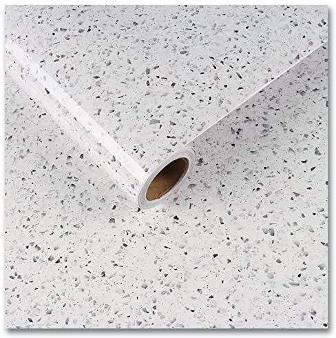 CRE8TIVE Granit Tapete Selbstklebend Weiß Folie für Möbel Arbeitsplatte Glänzend Terrazzo Klebefolie Küche Tapete Badezimmer Wasserfest Küchenrückwand Waschküche Dekofolie Schrank 30cm x 200cm
