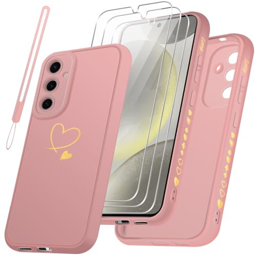 Coque Compatible avec Samsung Galaxy S24/S25 5G et 3 Pièces Verre Trempé Protection Écran + 1 Cordon, Souple TPU, Anti-Empreintes et Anti-Rayures Housse - Rose